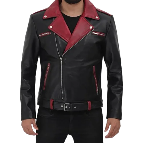 Black leather motorcycle jacket for men