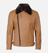 Mens Camel Shearling Lined Leather Biker Jacket