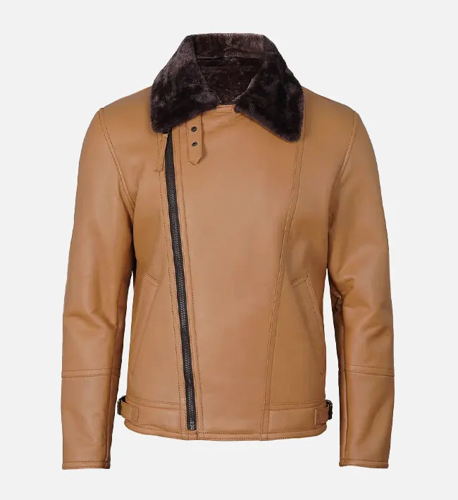 Mens Camel Shearling Lined Leather Biker Jacket