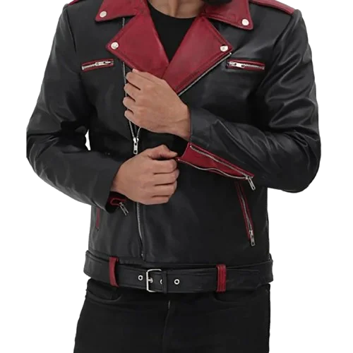 Black leather motorcycle jacket for men
