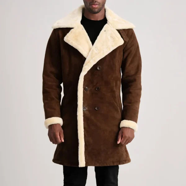 Men Elegant Brown Suede Shearling Coat