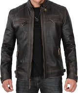 Dark Brown Leather Biker Jacket for Men – Quilted Shoulder Design