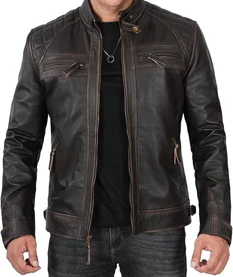 Dark Brown Leather Biker Jacket for Men – Quilted Shoulder Design