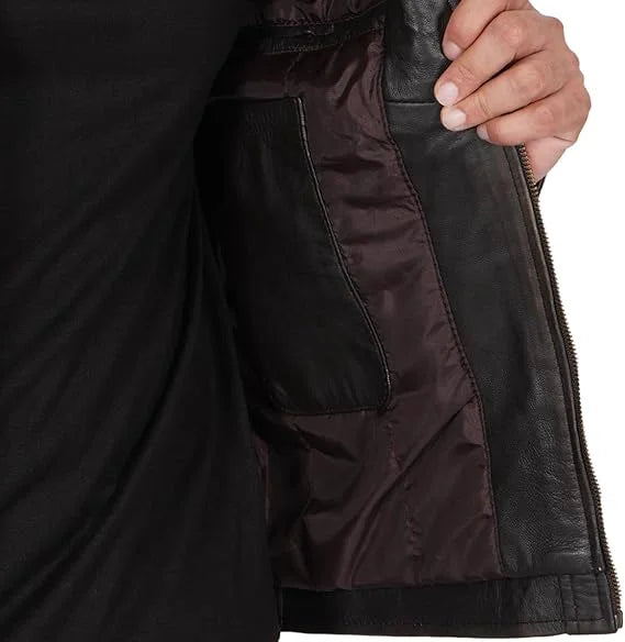 Dark Brown Leather Biker Jacket for Men – Quilted Shoulder Design
