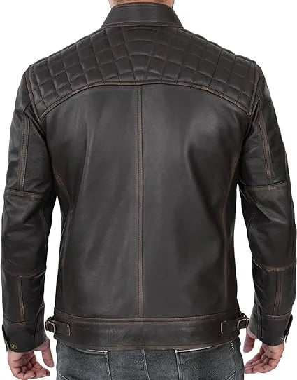 Dark Brown Leather Biker Jacket for Men – Quilted Shoulder Design