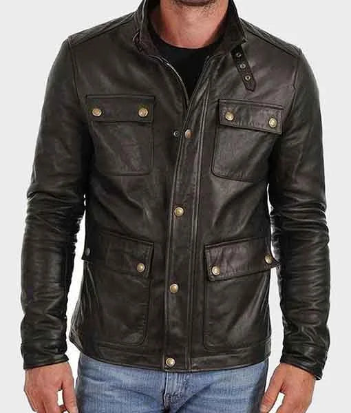Mens Black Biker Leather Four Pockets Jacket