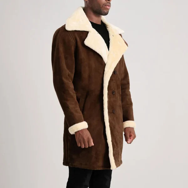 Men Elegant Brown Suede Shearling Coat