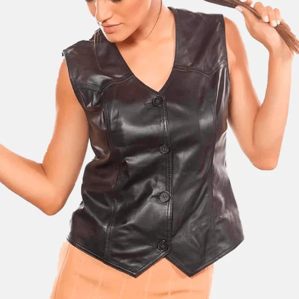 Women Arielle Adorn Black Leather Vest