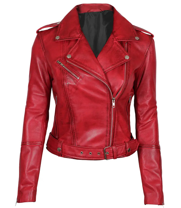 Women Classic Red Biker Leather Jacket