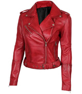 Women Classic Red Biker Leather Jacket