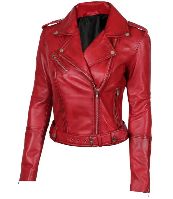 Women Classic Red Biker Leather Jacket
