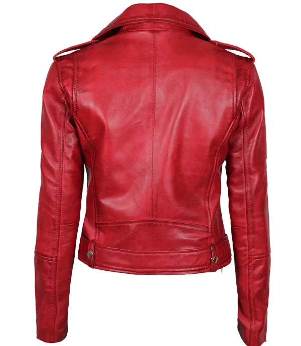 Women Classic Red Biker Leather Jacket